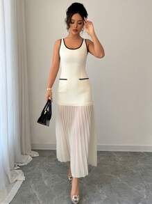 Gloray Contrast Color Sleeveless Pleated A-Line Dress, Elegant - Apricot - View 6