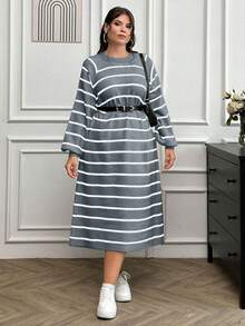EURMUSE Vestido de suéter con mangas raglán a rayas sin cinturón - Gris Claro - Ver 4
