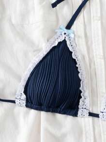 SHEIN Swim Women Sweet Floral Ruffle Bow Bikini Top, Beach Summer - Navy Blue - View 5