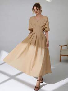 CLARA VERO 休闲女式 X 形编织长裙褶皱合身腰部 V 领短袖本色奶油色 - 奶油色 - 查看 5