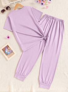 2 件套女孩蝴蝶印花圆领短袖上衣和松紧腰休闲运动裤，夏季轻便服装 - 紫色 - 查看 2