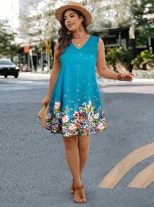 SHEIN LUNE 大码女式花卉印花 V 领无袖宽松休闲连衣裙夏季春装夏装女装春季服装度假服装女士