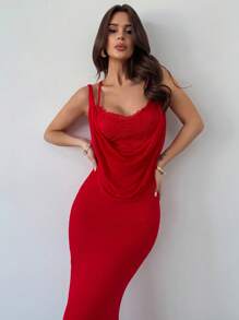Firerie Women's Elegant & Sexy Delicate Romantic Vacation Outfits Woman Party Plunging Neckline Lace Backless Ight-Fitting Red Spaghetti Strap Dress