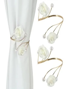 SHEIN 2 件装窗帘系带，红玫瑰配珍珠窗帘系带，装饰性金色窗帘系带，手工制作花朵窗帘系带，无需钻孔，波西米亚风窗帘架，适用于家庭办公室装饰 - 米色 - 查看 6