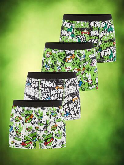 TEENAGE MUTANT NINJA TURTLES | SHEIN 4pcs Young Boy  Black & Green Cool Boy Soft & Comfy Cute Cartoon Turtle Printed Underwear,Basic Casual Briefs Fall Winter