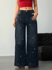 SHEIN EZwear 女士牛仔裤 女式高腰牛仔裤 黑色低腰宽松闪亮水钻牛仔裤 牛仔裤 闪亮牛仔裤 宽松女式牛仔裤 低腰宽松牛仔裤 女式下装 亮片裤 闪光裤 女式高腰裤 - 深色水洗藍 - 查看 8