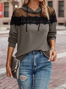 SHEIN LUNE Women Patch Decor Mesh Splice Drawstring Hoodie Sweatshirt - Coffee Brown - View 4