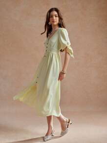 Écloséra Đầm suông cổ chữ V tay ngắn thắt eo thanh lịch cho nữ - Màu vàng - Xem 4