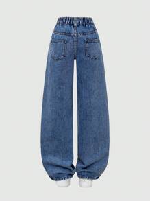 Jeans vaqueros de uso diario de cintura alta, pierna recta, estilo casualizado y vintage, con estampado lindo, para niñas preadolescentes