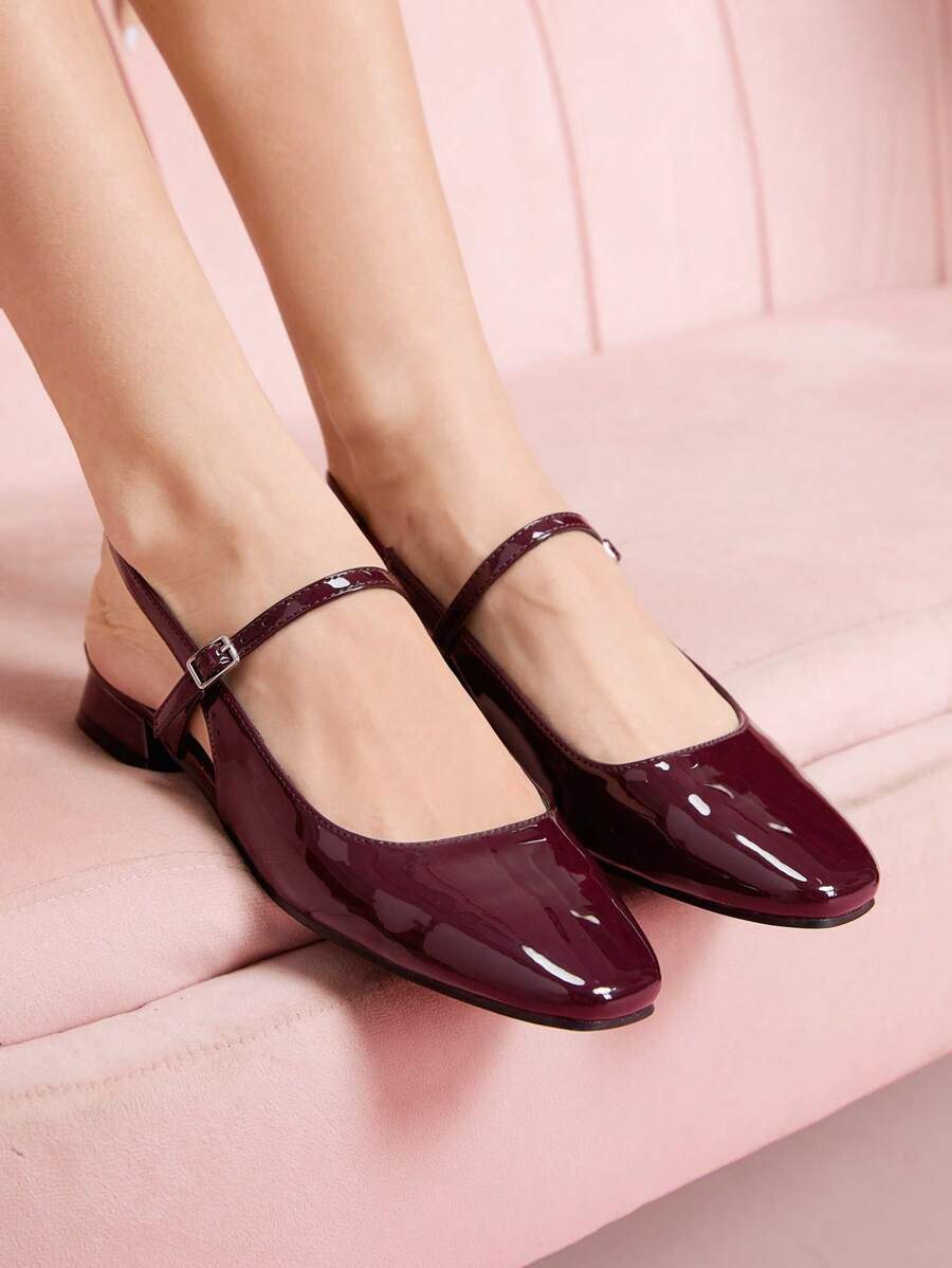 CUCCOO DOLLMOD Women's Fashion Vintage Shiny Patent Leather Mary Jane Backless Square Toe Flat Shoes, Comfortable For Commute, Dates, Parties, Holidays, Weddings, Cute School Style - Bordeaux - View 1