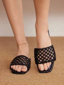 Ontre 女士时尚金色拼布编织休闲简约波西米亚海滩户外棕色平底凉鞋