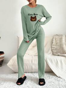 EURMUSE 100%Cotton 2pcs/Set Letter & Cartoon Embroidery Long Sleeve T-Shirt And Pants Homewear - Green - View 3