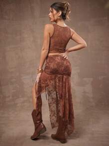 Hauture Women's Boho High Slit Ruched Brown Floral Lace Handkerchief Hem Maxi Skirt,Summer Seductive Night Spring Long Skirts - Brown - View 3