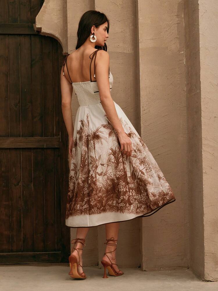 Elegant Vacation High Waist Drawstring Strap Sleeveless Floral Print Dress, Suitable For Early Spring Holiday, Beach