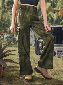 SHEIN 2025 Spring/Summer New Casual Comfortable Distressed Vintage Military Green Tween Girls' Pants, Suitable For Daily Wear, Outdoor Play, And Family Vacation