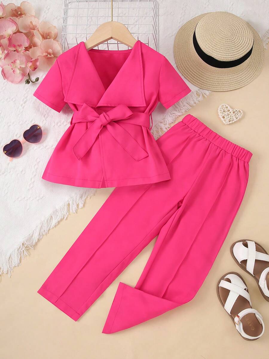 SHEIN Young Girl Fuchsia Oversized Lapel Belted Suit Jacket And Pants Set - Hot Pink - View 1