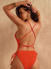 Swim Chiccia 1 件女式纯色连体泳衣，简约时尚，适合夏季 - 珊瑚橙 - 查看 2