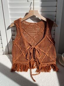 Comfortcana 女式西式纯色镂空流苏下摆前系带针织背心