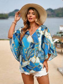 SHEIN VCAY Plus Size Women Marble Print Batwing Sleeve Loose Blouse - Blue - View 4