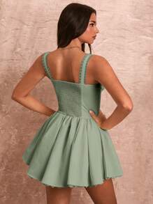 SHEIN BAE Women Elegant Solid Ruched Camisole Lace Patchwork Mini Dress - Mint Green - View 2