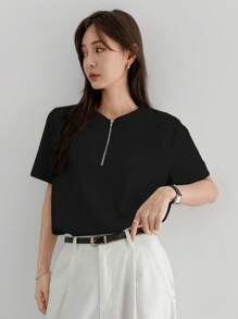 Dazy-Less 女士休闲纯色简约短袖T恤老款风格夏季商务休闲女装、教师装 - 黑色 - 查看 4