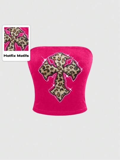 Grunge Punk Y2K sexy Samt Patchwork Leopard Kreuz Strass Applikation kurzes Trägertop