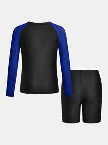 SHEIN Tween Boy Casual Beach Spider Web Graphic Rash Guard & Swim Trunks Set - Blue - View 9