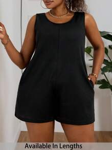 SHEIN PETITE CURVE 大码女式夏季纯色圆领口袋休闲黑色连体衣，女士度假装 - 黑色 - 查看 1