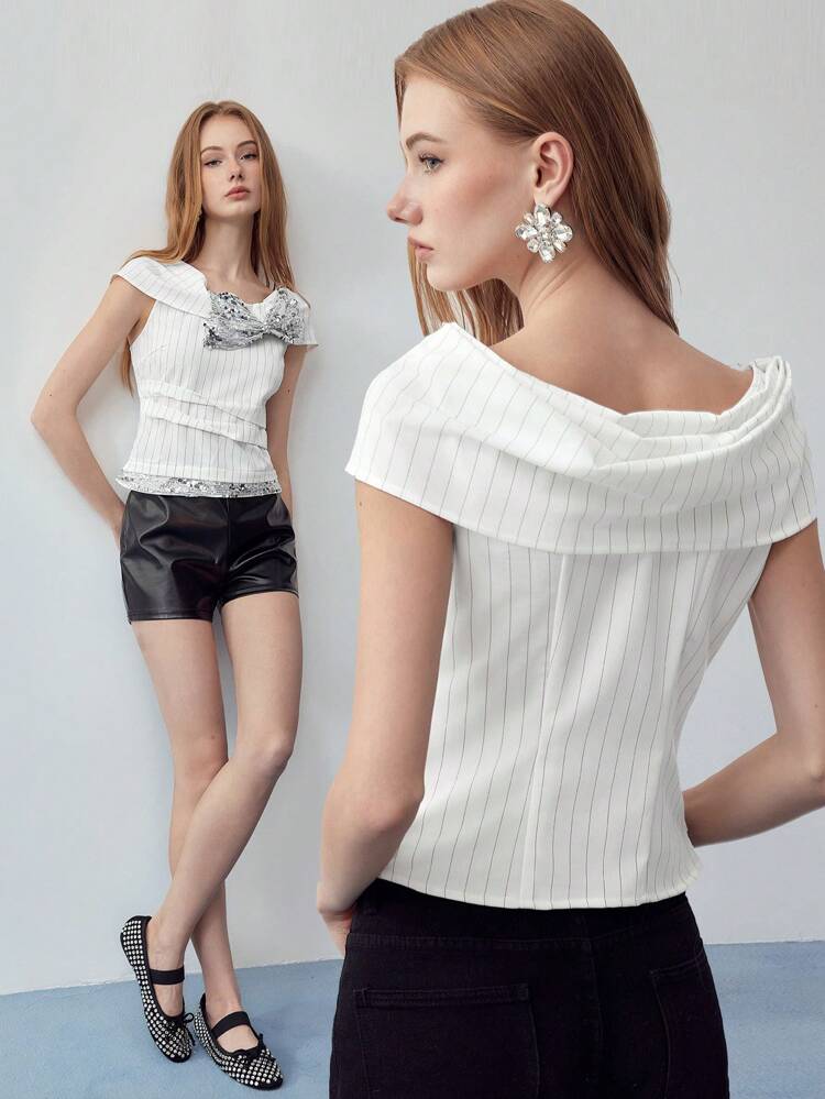 MOTF STUDIO STRIPED SEQUIN BOW DECOR BLOUSE