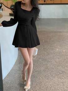 DAZY 女士小方领长袖粉色短裙，春夏秋 - 黑色 - 查看 3