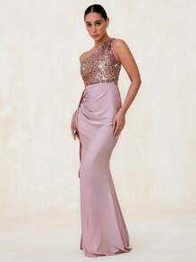 Glamine 不对称领口亮片拼接高腰侧褶开衩优雅连衣裙，女士长裙，派对礼服，生日女士服装，紫色女士礼服，晚宴服装，伴娘礼服，性感礼服，半正式礼服，正式长袍女士服装，优雅女士礼服 - 藕粉色 - 查看 5