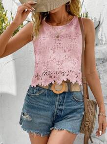 SHEIN LUNE Áo sơ mi ren không tay cho nữ, phong cách nghỉ dưỡng giản dị - Hồng - Xem 3