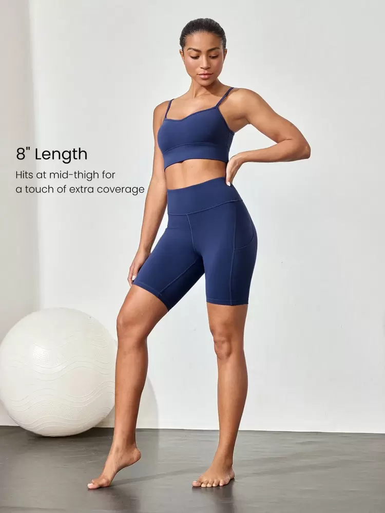 8-Zoll FeatherFit™ Radlerhose mit hoher Taille und Tasche, geeignet für Radfahren, Laufen, Fitness, Training, Sommer