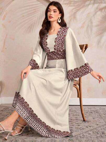 Al Najma فستان نسائي أنيق على الطراز العربي ذو كم واسع ومطبوع بزهور مناسب للعطلات، فتان محتشم