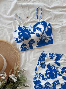 Soleia 2pcs/Set Women Floral Print Camisole Top & Drawstring Waist Mini Skirt, Vacation Set Suitable For Going Out