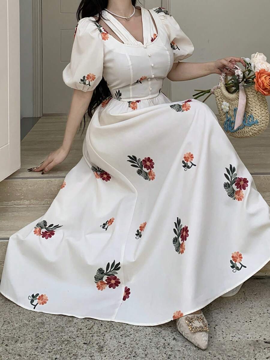 Feyla Women's Elegant Floral Print Puff Sleeve Dress - Multicolor - View 1