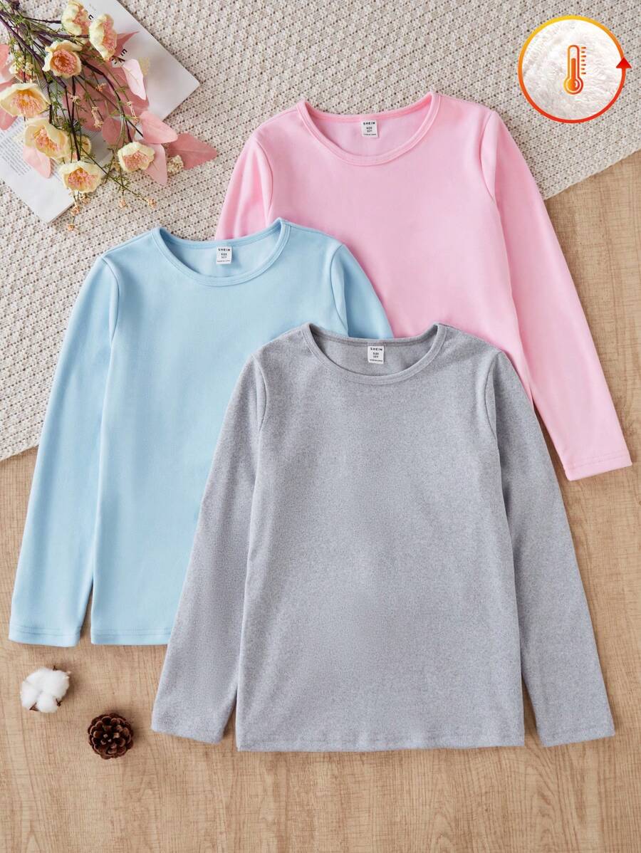SHEIN Tween Girls' Solid Color Round Neck Long Sleeve Casual Multi-Piece T-Shirt Set - Multicolor - View 1