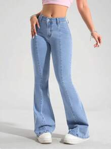 SHEIN PETITE Women's Casual Washed Skinny Flare Jeans