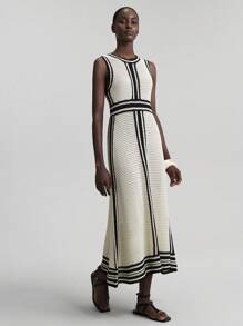 Ontre 2025 New Bohemian, Music Festival, Country Music Festival Style Women's Long Knitted Dress, Comfortable Casual Black & White Contrast Color Dress, Versatile All Season Beach/Holiday Outfit, Boho Chic Vibe, Countryside Music Concert Western Inspired High-Quality Soft Fabric - Black and White - View 2