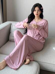 DAZY 2 pièces Ensemble de pyjama rose à manches longues avec fleurs ditsy pour femmes, printemps