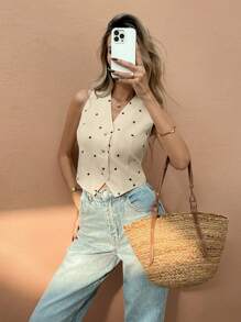 SHEIN Frenchy Áo cánh không tay đơn hàng ngày cổ chữ V in hình trái tim dành cho nữ - Màu Khaki - Xem 4