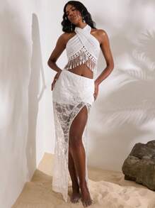 Opulessa Holiday Patchwork Cross Tie Water-Soluble Lace Tassel Hem Crop Tank Top