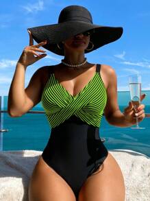 Swim Vcay 1pc Striped Special Fabric Crisscross Chest Strap Monokini Swimsuit For Summer Beach Vacation - Multicolor - View 3