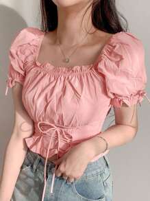DAZY Women's Ruffle Collar Tie Front Cropped Short Sleeve Shirt In Pink - Pink - View 3