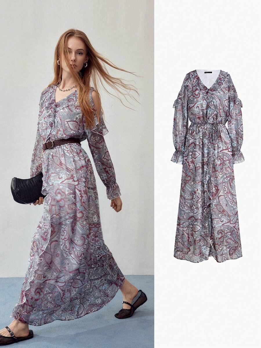 MOTF STUDIO 佩斯利印花荷叶边飘逸连衣裙 - 彩色 - 查看 1