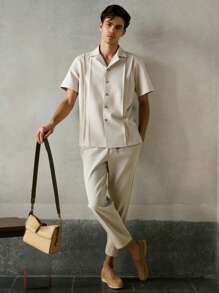 Manfinity VCAY 2pcs/Set Men Woven Close-Fitting Casual Shirt Set, Suitable For Daily Wear - Apricot - View 1