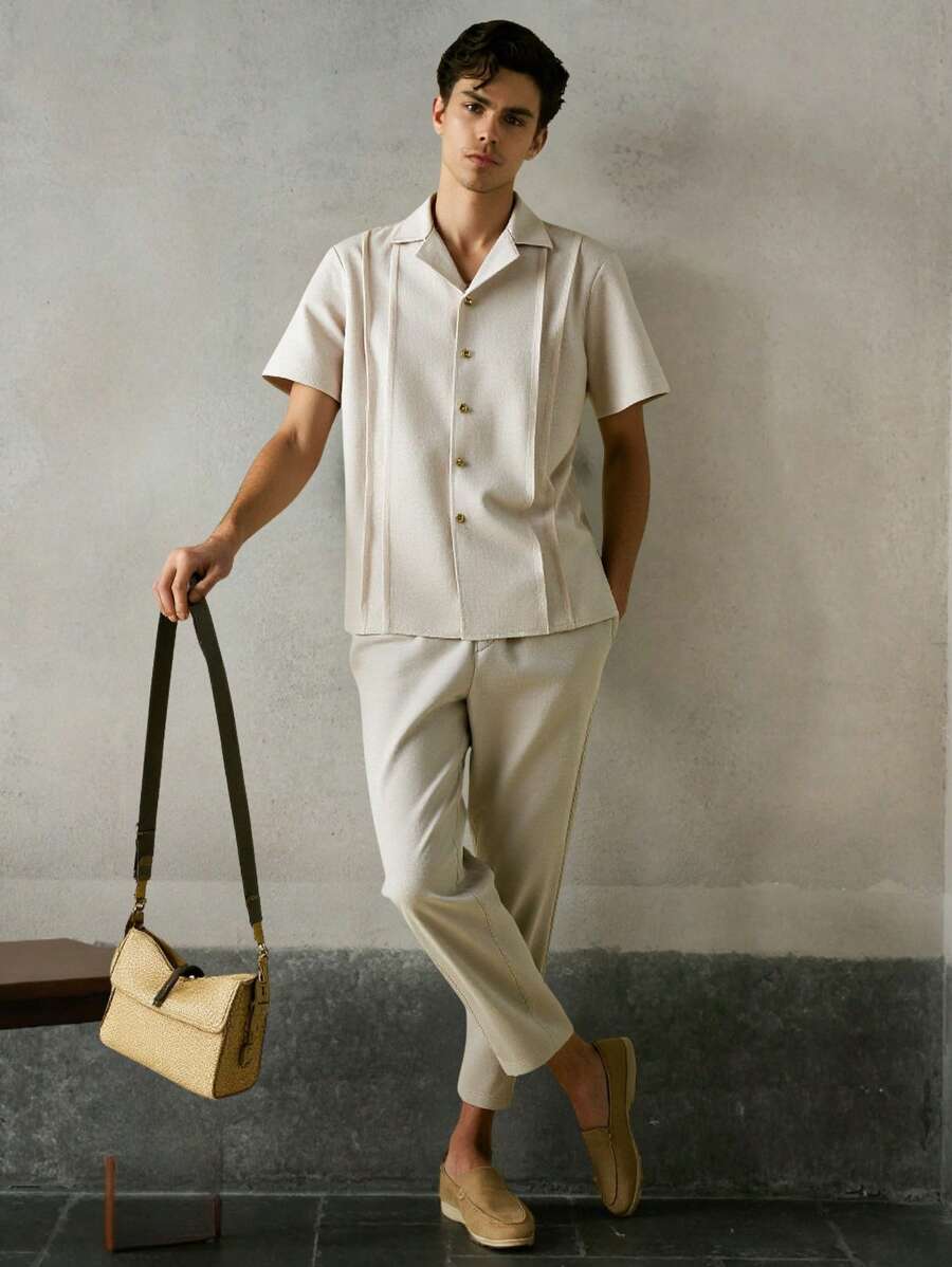 Manfinity VCAY 2pcs/Set Men Woven Close-Fitting Casual Shirt Set, Suitable For Daily Wear - Apricot - View 1