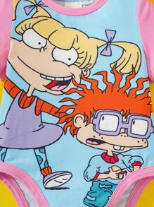 Nick 90s | SHEIN ベビーガール ピンク&ブルー 漫画の仲間パターン かわいい快適ボディスーツ