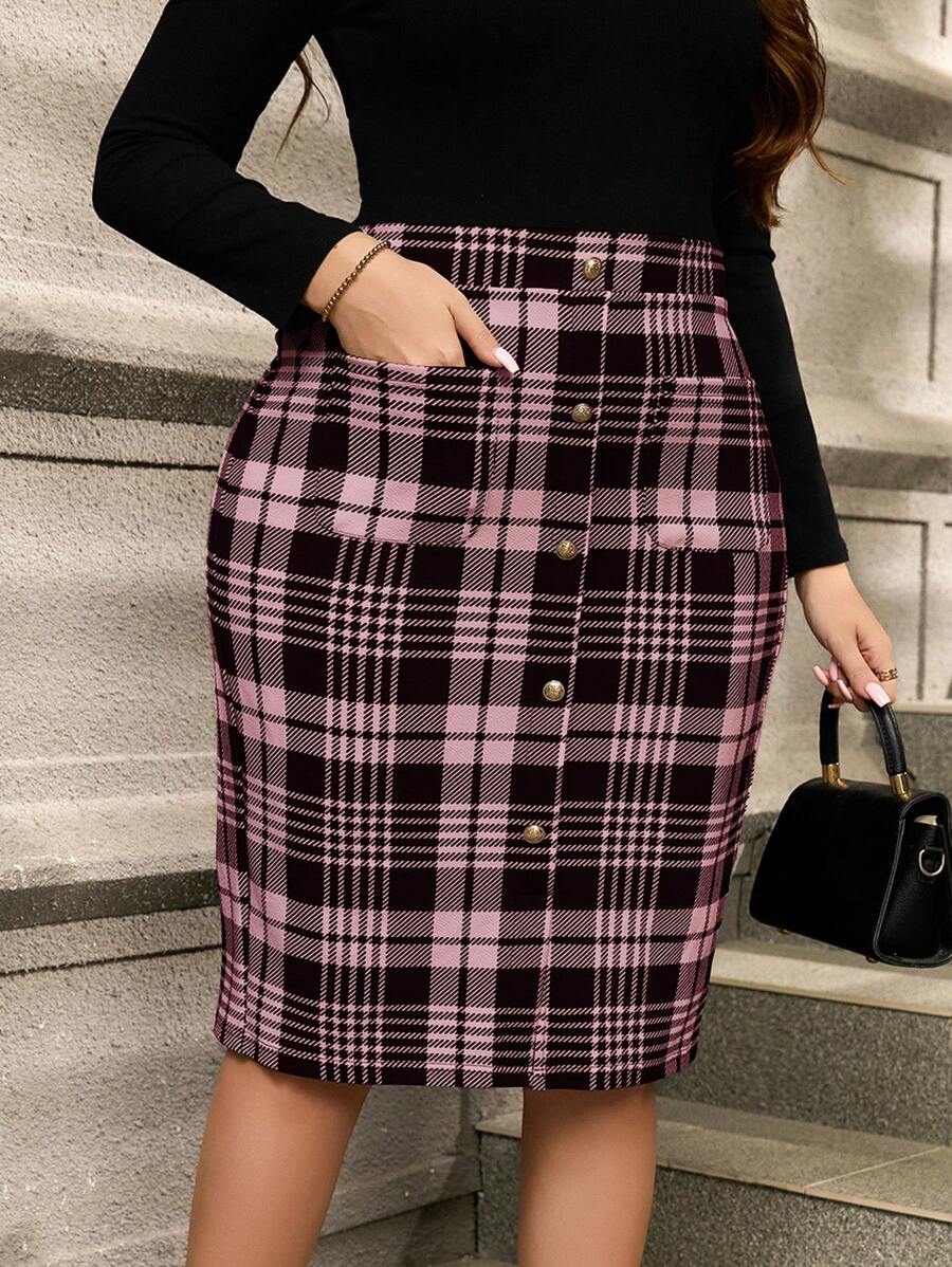 SHEIN Clasi Plus Size Women Button Design Pocket Plaid Pencil Skirt - Pink - View 1