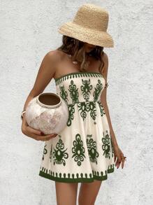 SHEIN VCAY 女式花卉印花抽绳腰带连体裤 - 綠色 - 查看 6